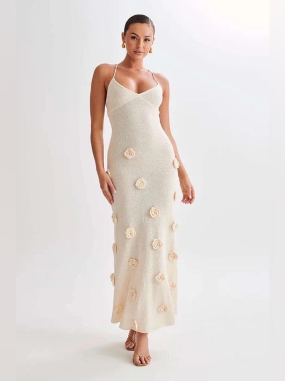Meshki Cream Floral Appliqué Crochet Maxi Dress